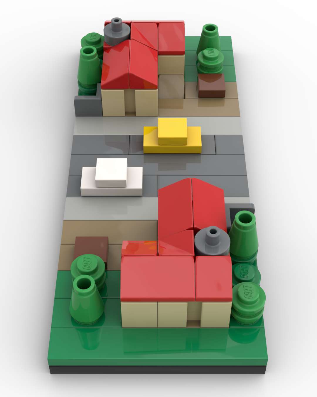 Four micro-scale houses arranged around a crossroads.