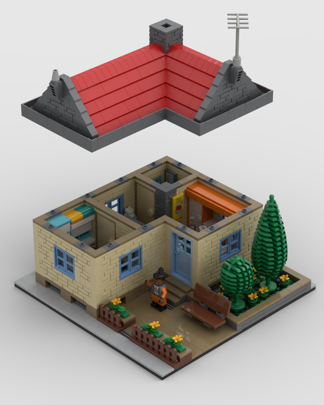 The same minifig-scale house with the roof lifted off, revealing the interior.