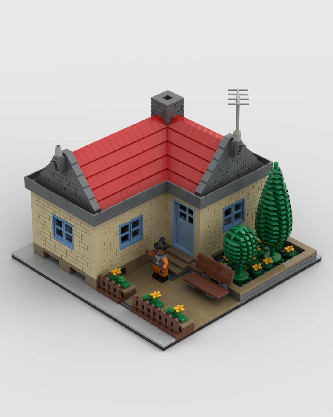 A minifig-scale house with full exterior detail — porch, antenna, picket fence.
